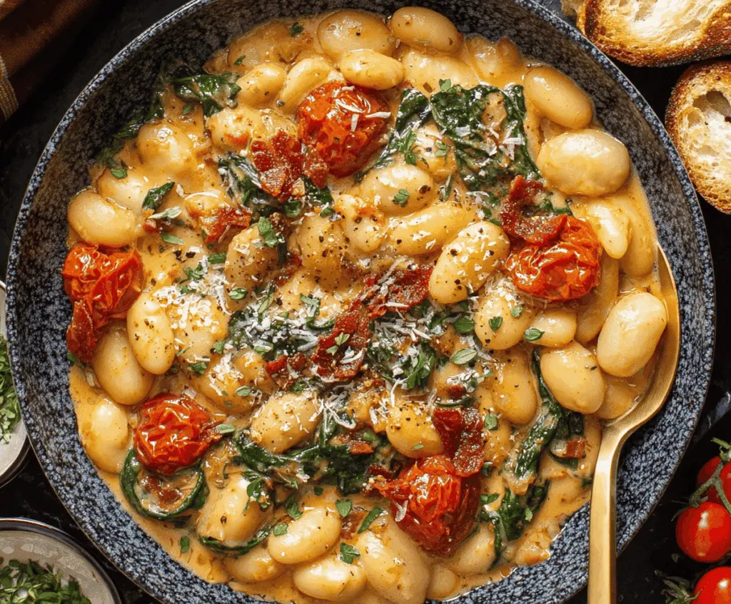 Creamy Tuscan Marry Me Butter Beans served in a bowl with fresh herbs and garlic, showcasing a flavorful vegetarian dish