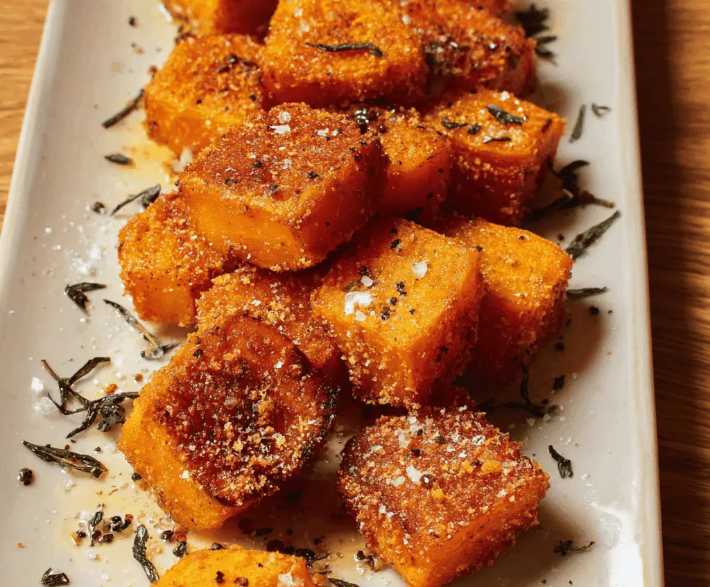 Golden-brown, crispy butternut squash cubes seasoned and roasted to perfection, served on a white plate.