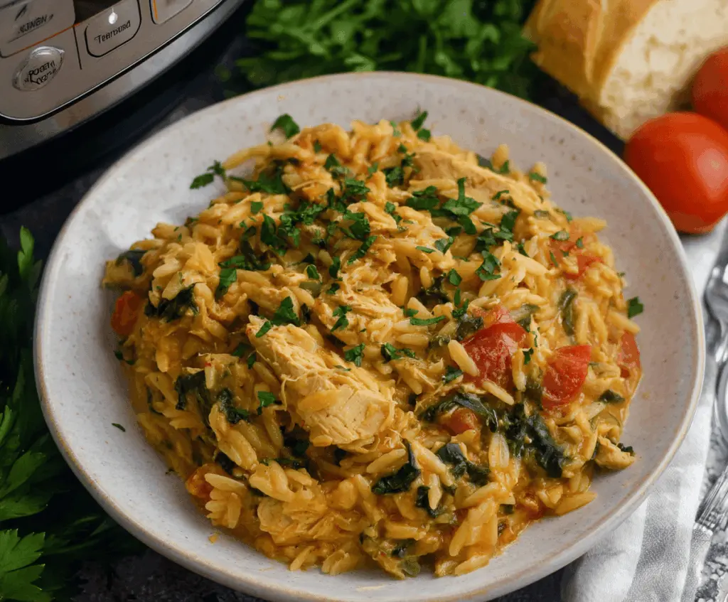 Creamy Crock Pot Marry Me Chicken Orzo served in a bowl with fresh herbs, showcasing a delicious, comforting one-pot meal