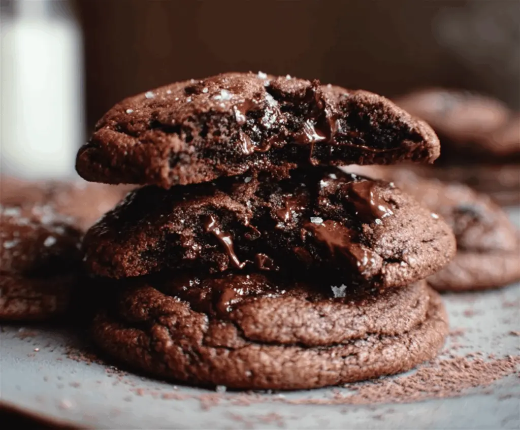 Delicious double chocolate chip cookies fresh out of the oven with gooey chocolate chips.
