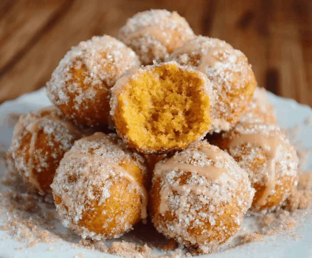 Delicious homemade Easy Bisquick Pumpkin Donut Holes on a white plate with cinnamon sugar topping, perfect for fall treats