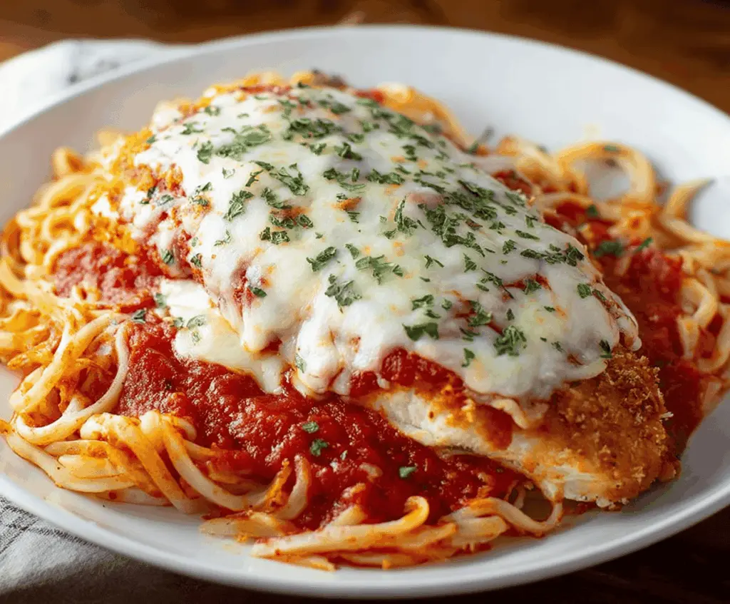 Delicious homemade Easy Chicken Parmesan with crispy breaded chicken, melted cheese, and marinara sauce.