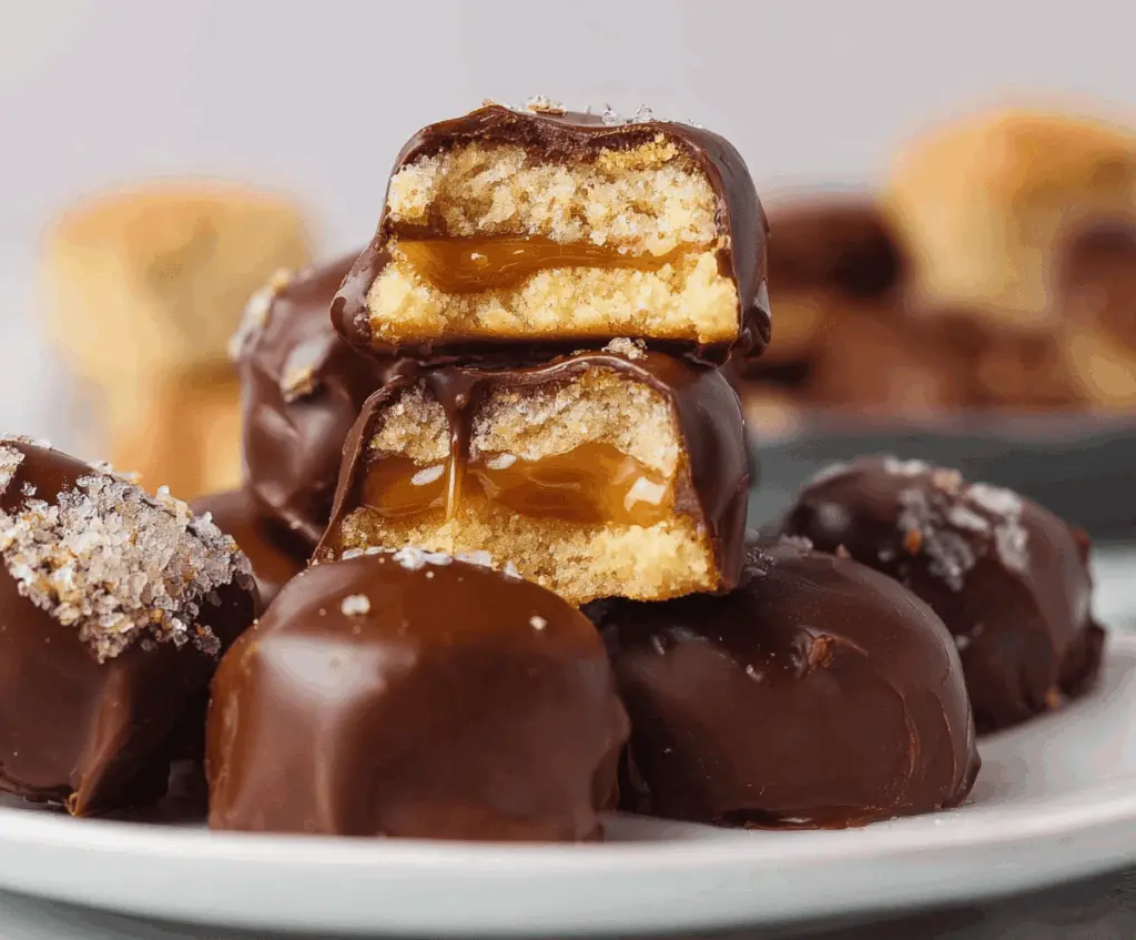 Delicious homemade Twix bites with crunchy biscuit base, caramel layer, and smooth chocolate coating, perfect for a sweet treat