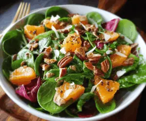 Fresh fall salad with mixed greens, pumpkin seeds, and sliced apples topped with maple-lime dressing.