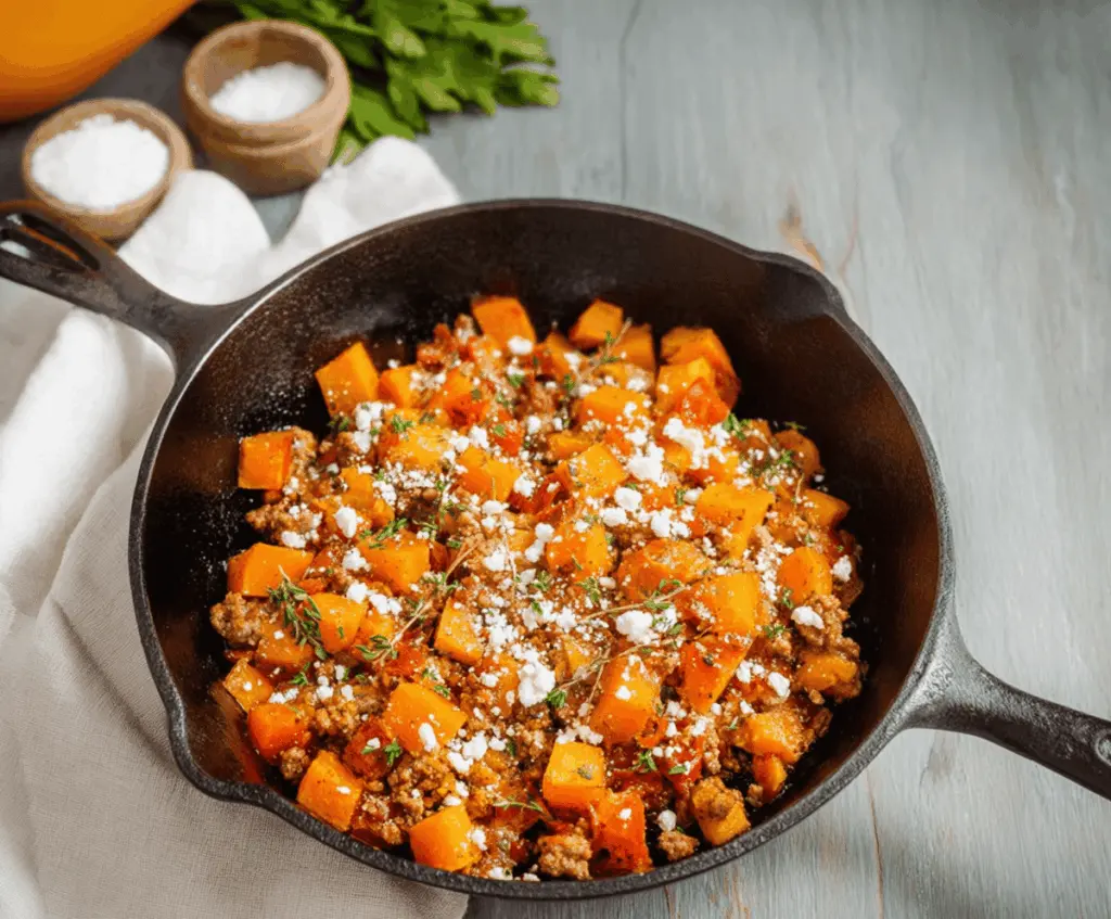 Healthy Ground Turkey and Butternut Squash Skillet served in a bowl, featuring colorful vegetables and tender turkey meat for a nutritious dinner option.