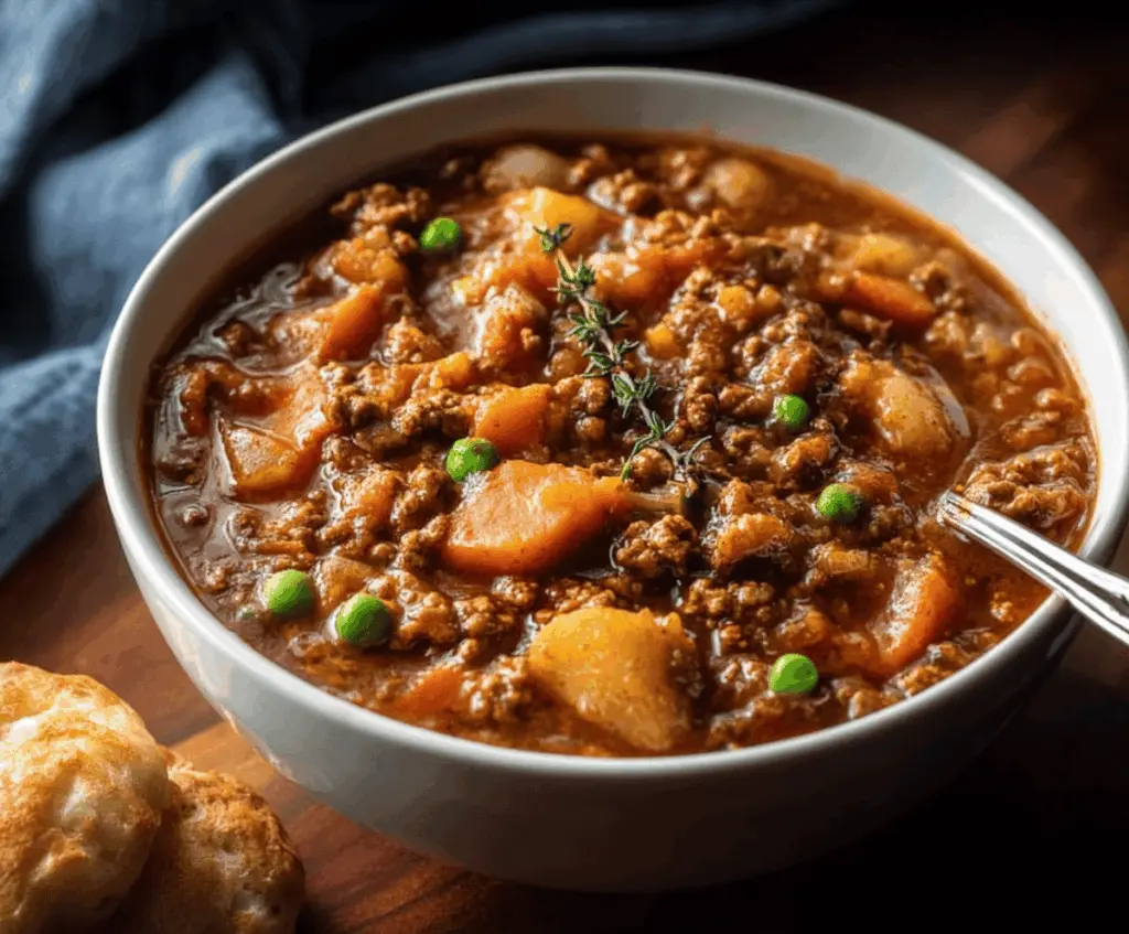Hearty homemade Hamburger Stew with tender ground beef, vegetables, and flavorful broth in a rustic bowl.