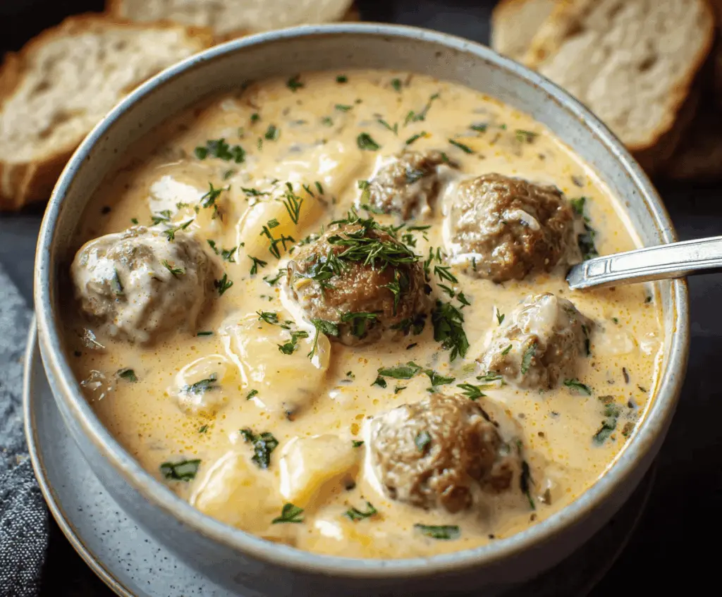 Close-up of hearty Swedish meatball soup with meatballs, potatoes, and vegetables in a steaming bowl.