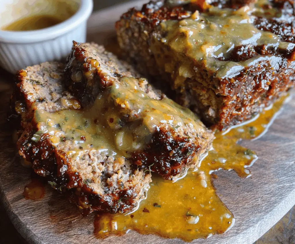 Delicious honey mustard glazed meatloaf served on a plate with fresh herbs, perfect for a flavorful family dinner