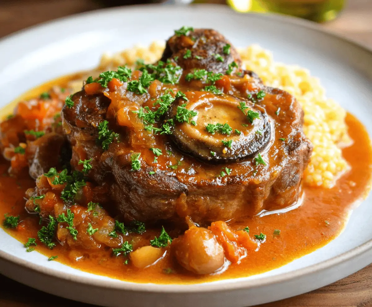 Delicious Ossobuco Alla Milanese served with saffron risotto, featuring tender braised veal shanks topped with gremolata in an authentic Italian presentation.