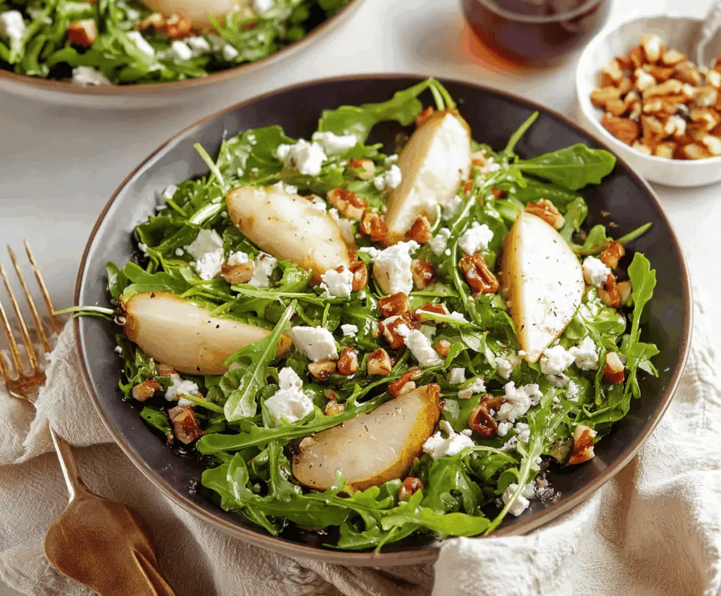 Fresh pear slices and peppery arugula salad topped with crumbled cheese and a light vinaigrette in a white bowl, perfect for a healthy appetizer or light lunch.