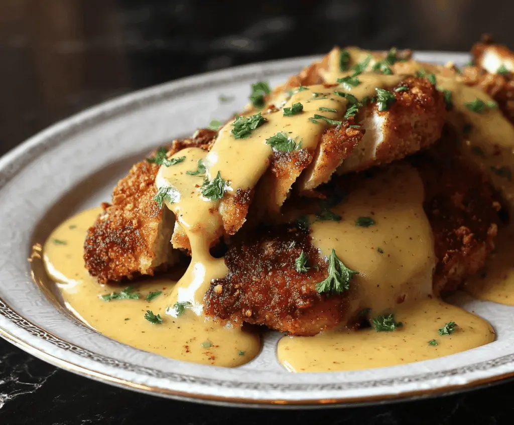Golden pretzel-crusted chicken served with creamy mustard-cheddar dipping sauce, perfect for a savory appetizer or main course.