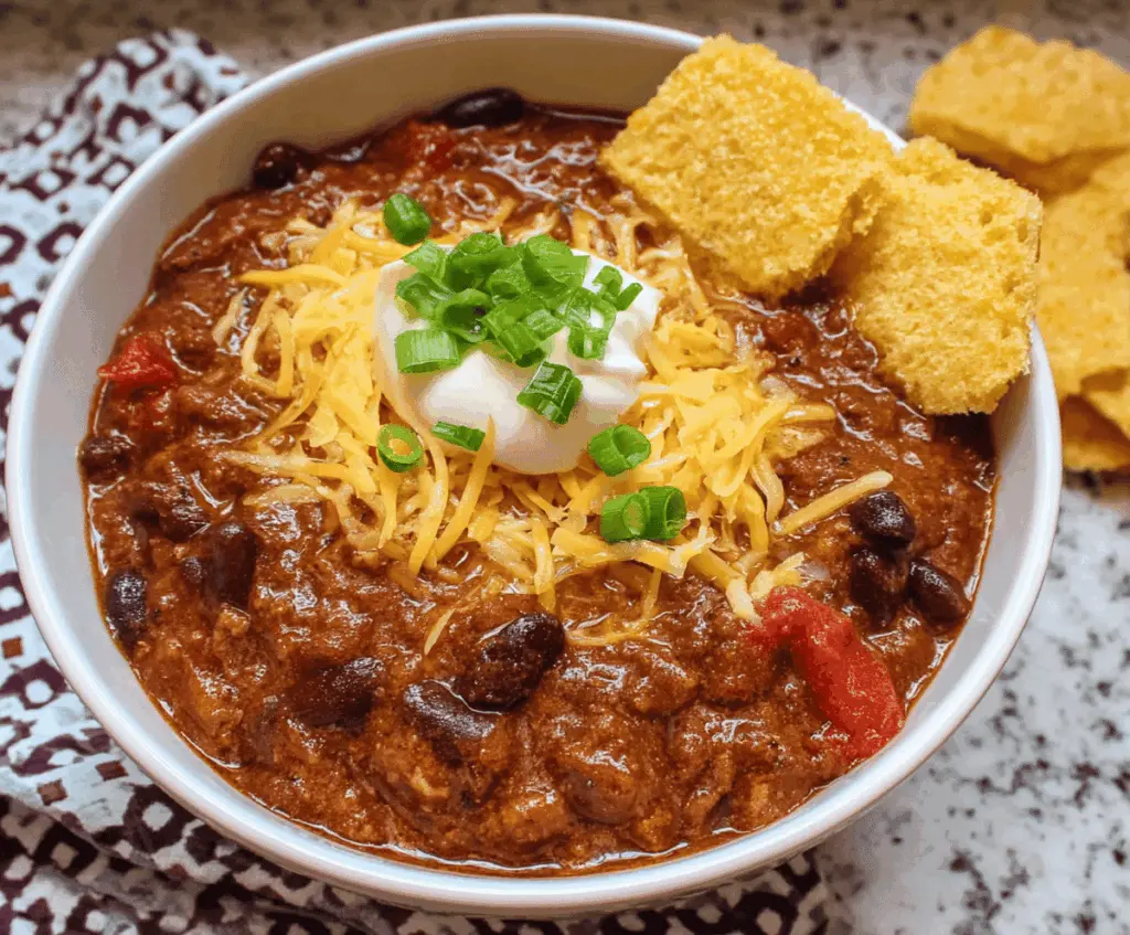Delicious quick and easy stovetop chili recipe in a pot with beans, ground beef, and spices for a hearty meal