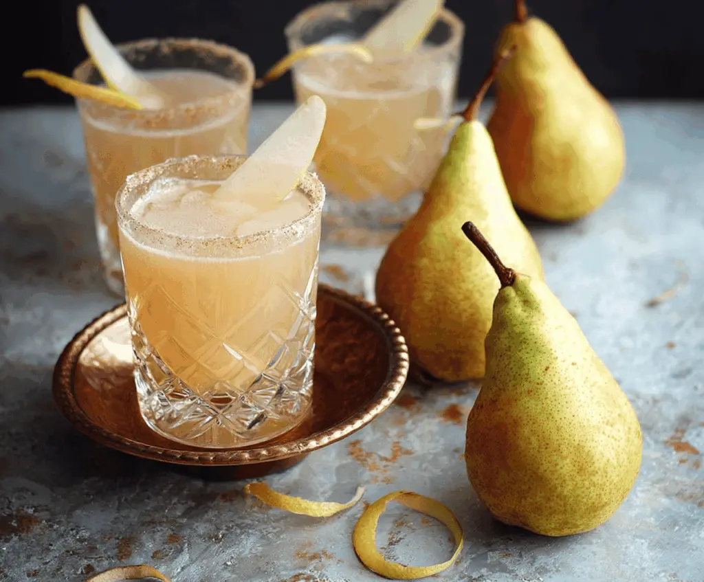 Refreshing quick spiced vanilla pear cocktail in a clear glass, garnished with a pear slice and cinnamon stick.