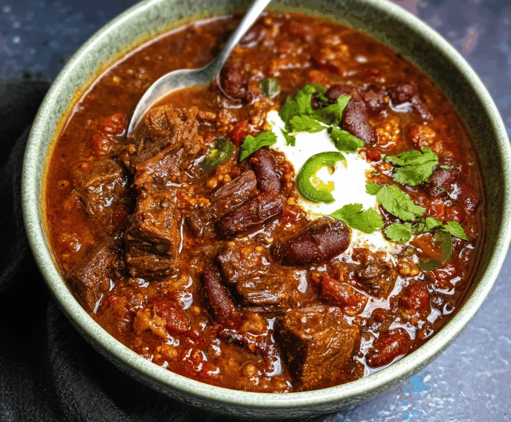 Hearty bowl of short rib and chorizo chili garnished with fresh herbs, ready to serve.