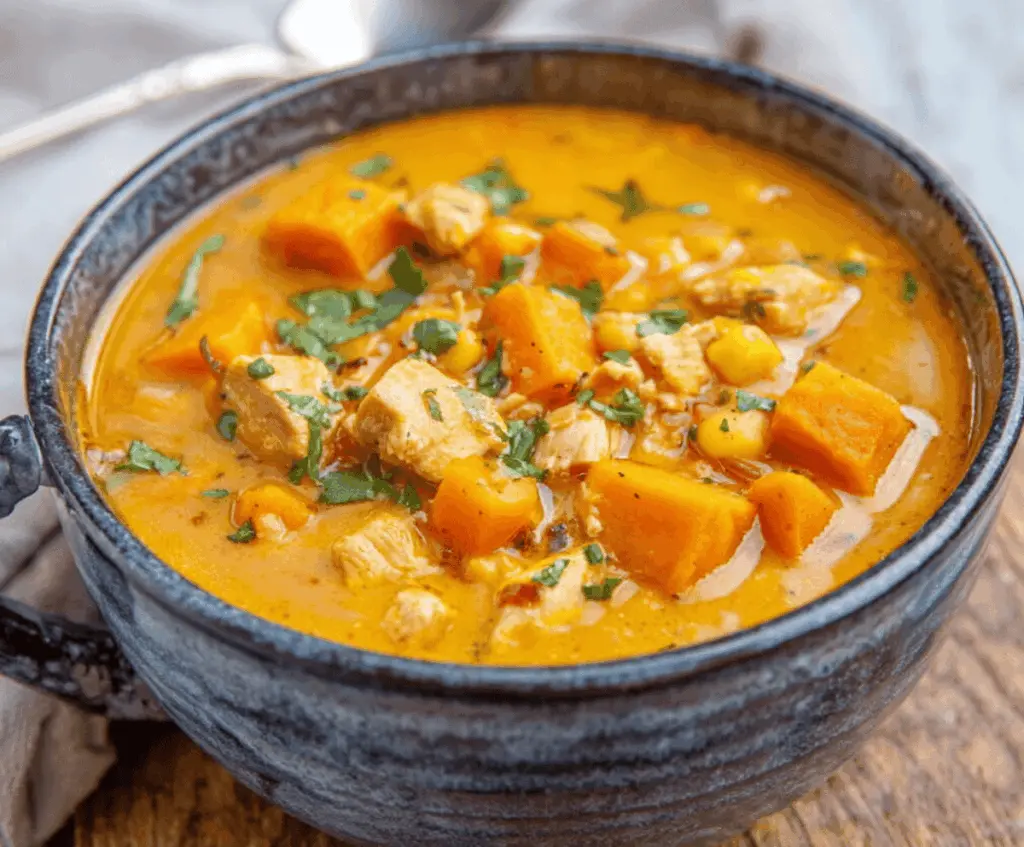 Creamy slow cooker chicken and sweet potato chowder in a bowl, garnished with fresh herbs, ready to serve.