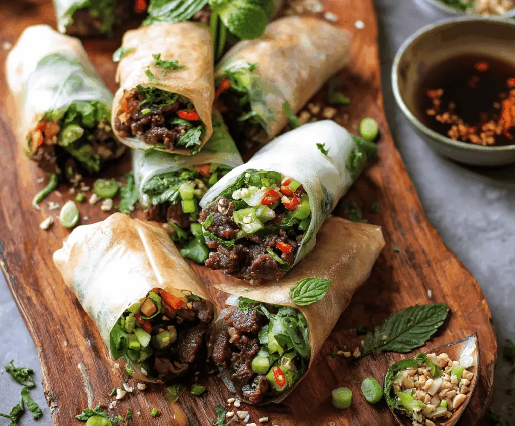 Delicious Thai Basil Beef Rolls with fresh herbs and vegetables on a white plate, perfect for appetizers or snacks