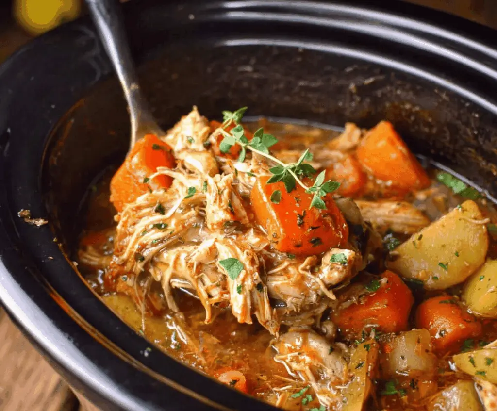 Delicious Thanksgiving crockpot chicken pot roast with tender vegetables and flavorful herbs, perfect for holiday dinner