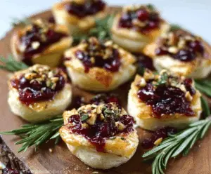 Delicious baked cranberry Brie bites served on a white platter, perfect for festive gatherings.