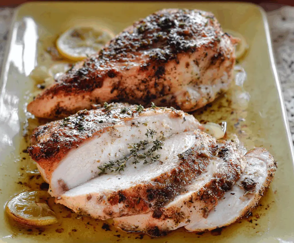 Juicy and tender turkey breast roast prepared with herbs and seasoning for a delicious main dish.