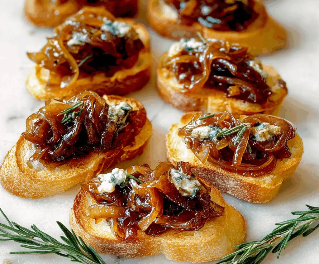 Golden caramelized onion crostini topped with melted cheese on crispy baguette slices.