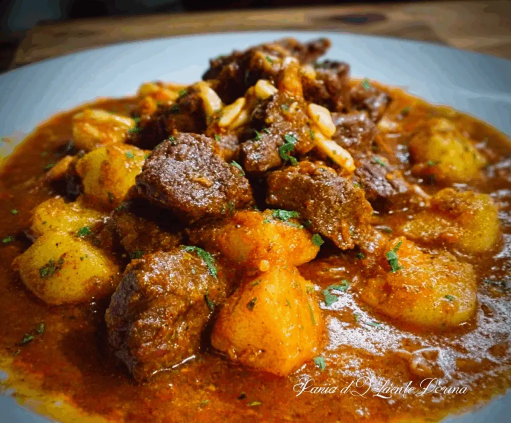 Delicious Carne Con Papas served on a plate, showcasing tender beef and crispy potatoes with fresh herbs.