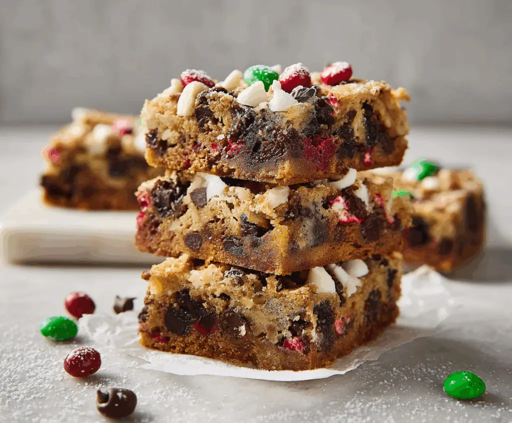Delicious Christmas blondies with festive holiday decorations on top.