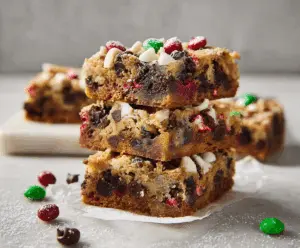 Delicious Christmas blondies with festive holiday decorations on top.