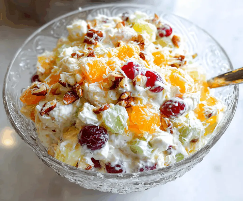 Delicious classic Ambrosia Salad with whipped cream, marshmallows, and fruit in a bowl