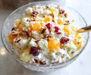 Delicious classic Ambrosia Salad with whipped cream, marshmallows, and fruit in a bowl