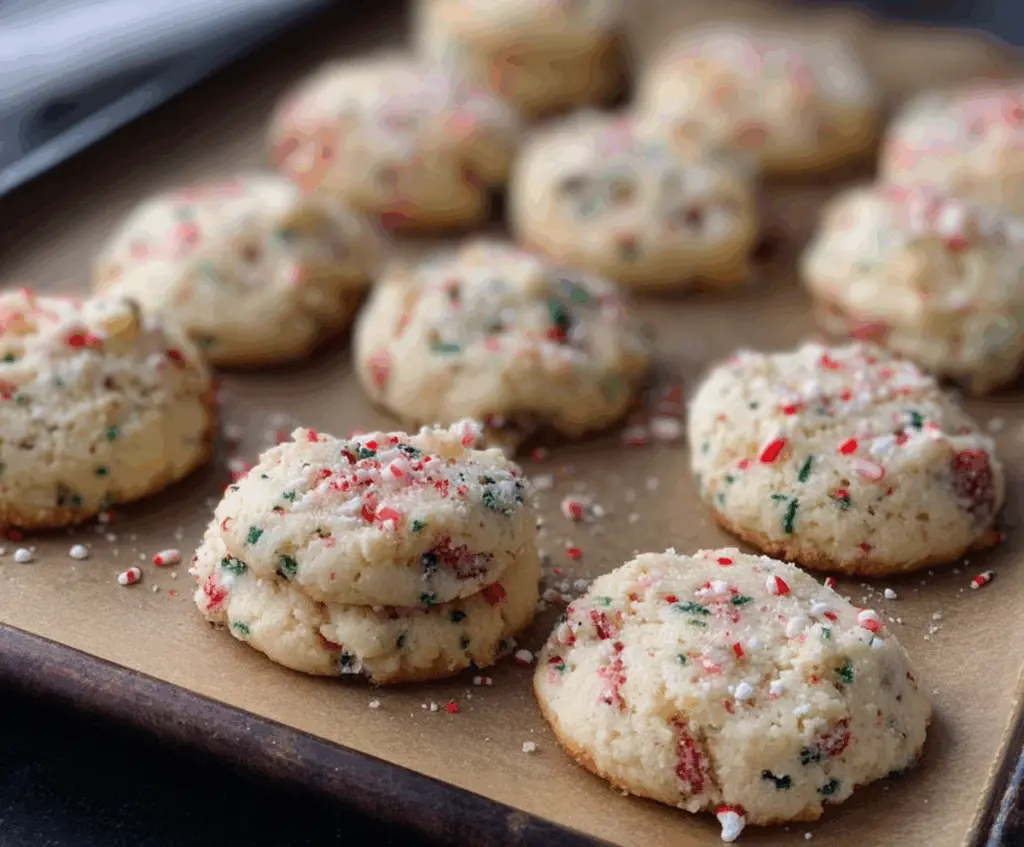 Delicious Easy Candy Cane Whipped Shortbread Cookies on a festive plate, perfect for holiday treats