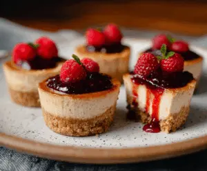 Delicious mini vegan baked cheesecakes topped with fresh berries on a white plate