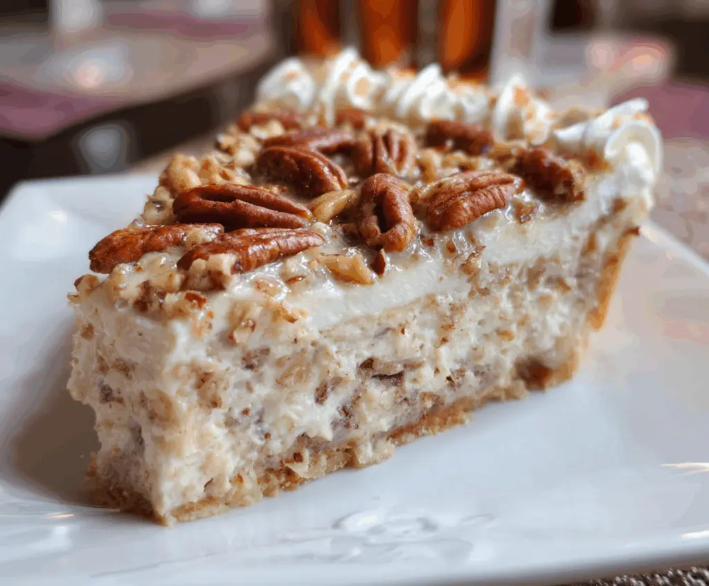 Delicious Pecan Cream Deep Dish Pie topped with whipped cream and caramel drizzle, perfect for dessert.