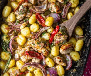 Delicious sheet pan chicken scarpariello with colorful vegetables and tender gnocchi for a cozy meal.