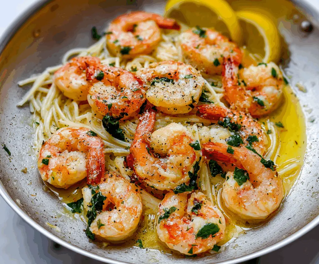 Delicious shrimp scampi served with lemon and garlic on a white plate