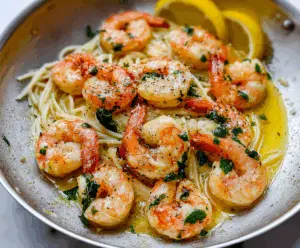 Delicious shrimp scampi served with lemon and garlic on a white plate