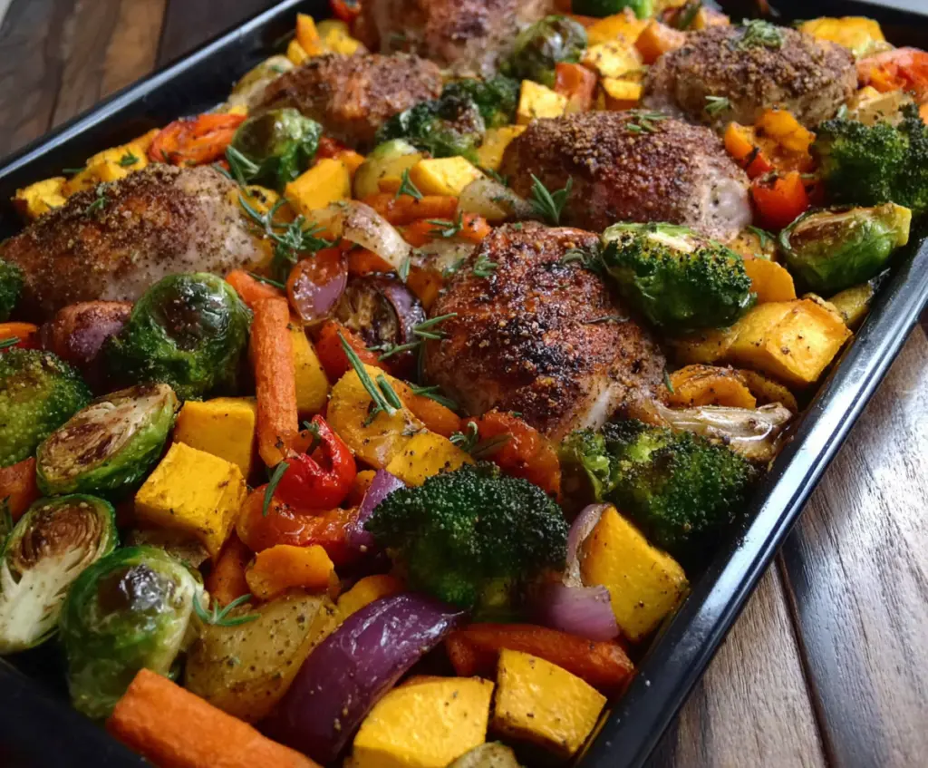 Colorful Autumn Rainbow Sheet Pan Dinner with roasted vegetables and vibrant seasonal ingredients.