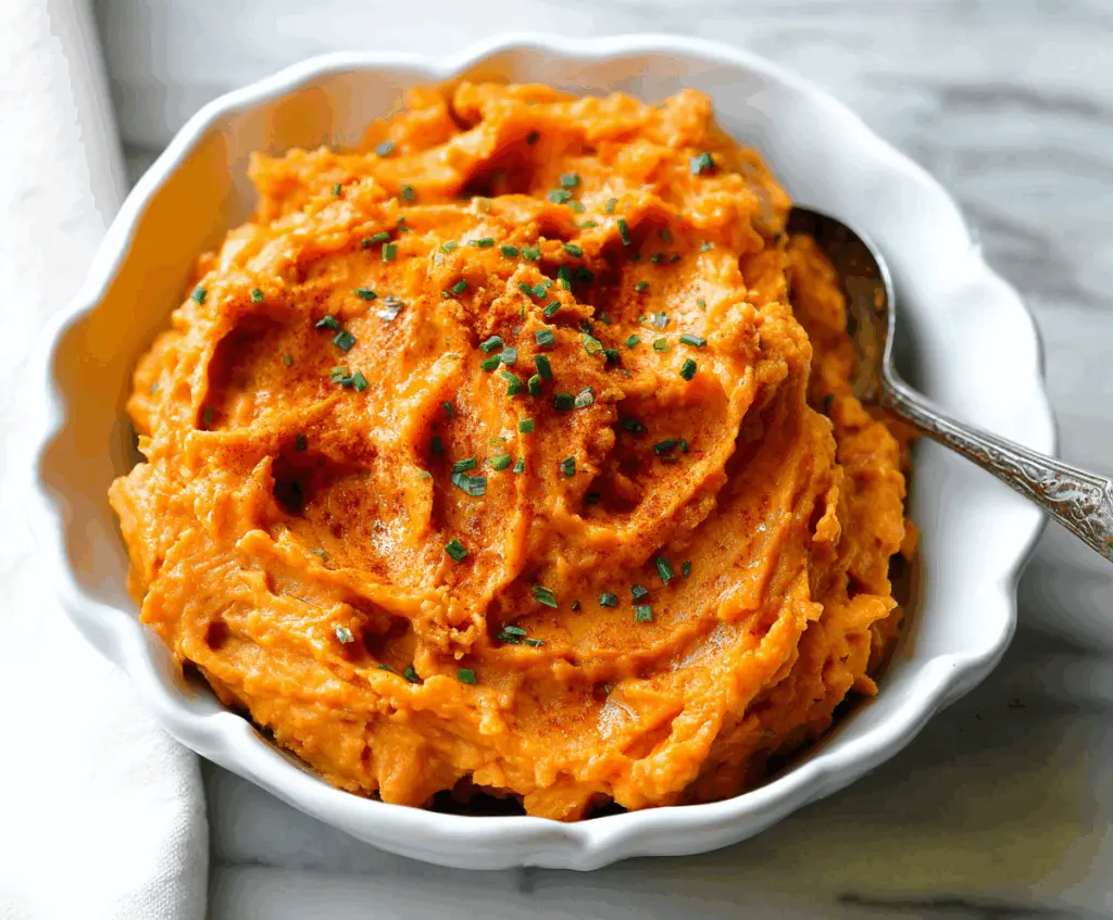 Creamy chipotle mashed sweet potatoes garnished with fresh herbs for a flavorful side dish.