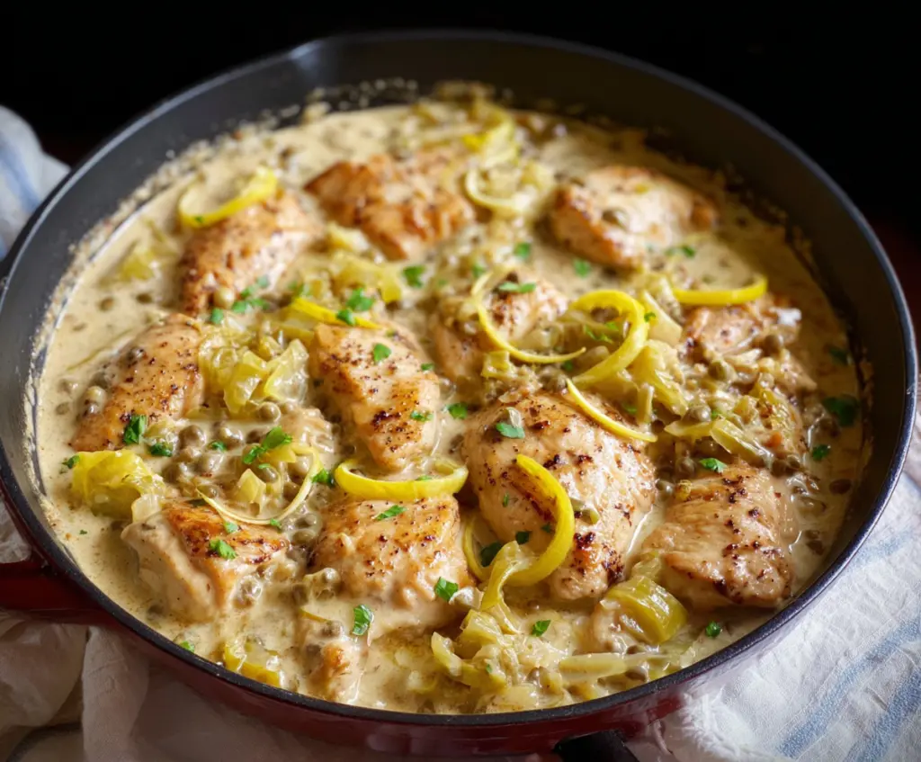 Creamy Pepperoncini Chicken Skillet served in a skillet with fresh herbs and vegetables.