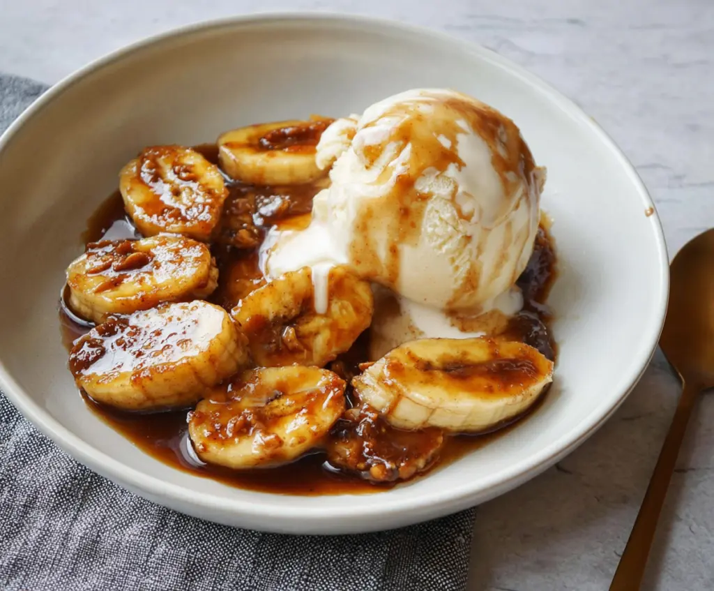 Delicious dairy-free Bananas Foster dessert with ripe bananas and caramel sauce