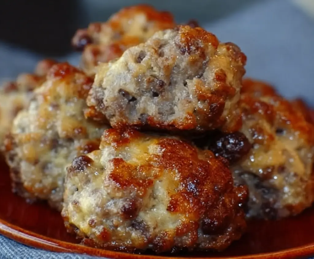 Delicious maple sausage balls served on a platter, perfect for breakfast or snacks.