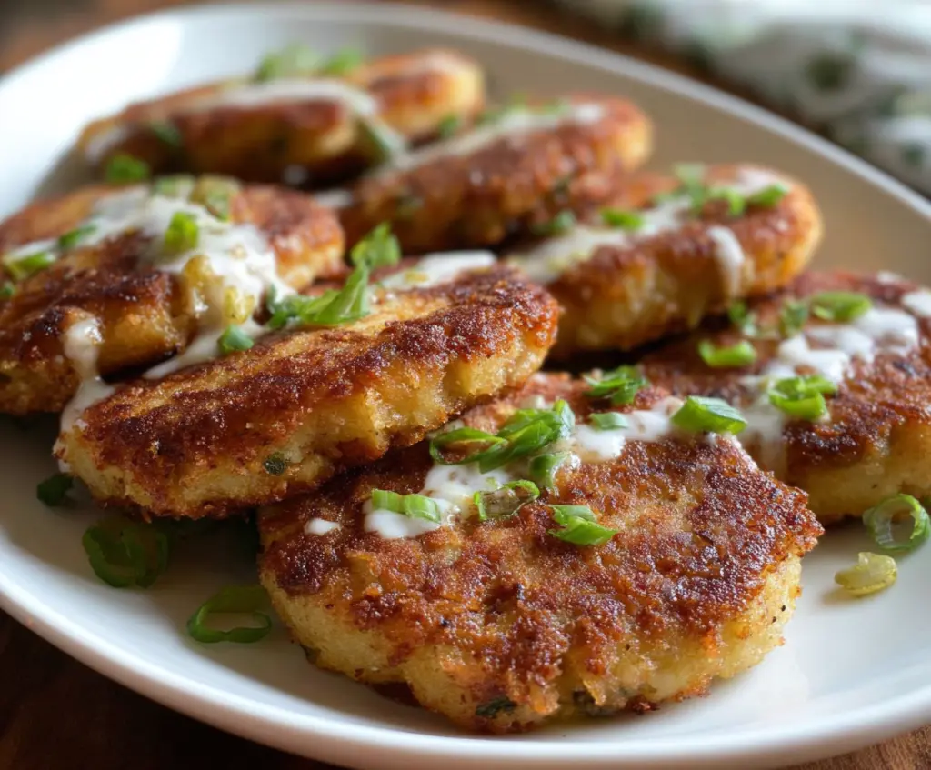 Delicious crispy mashed potato patties garnished with herbs on a rustic plate