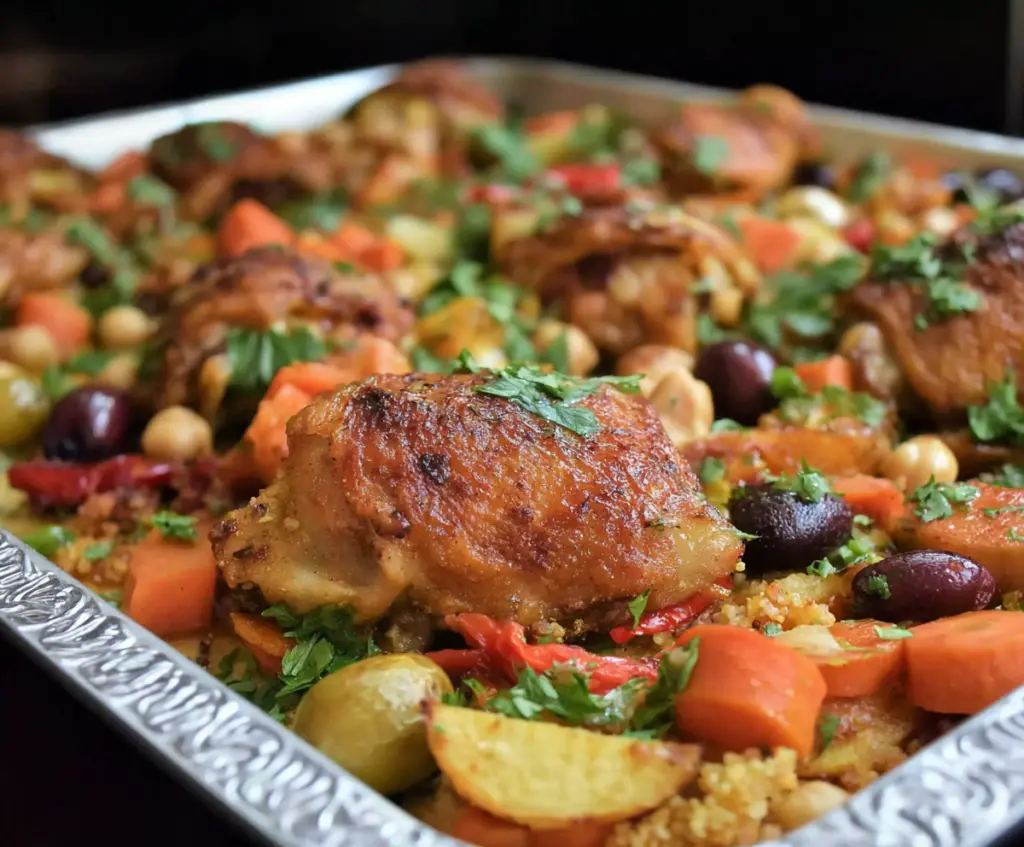 Roasted Moroccan chicken thighs with spices and vegetables on a sheet pan.