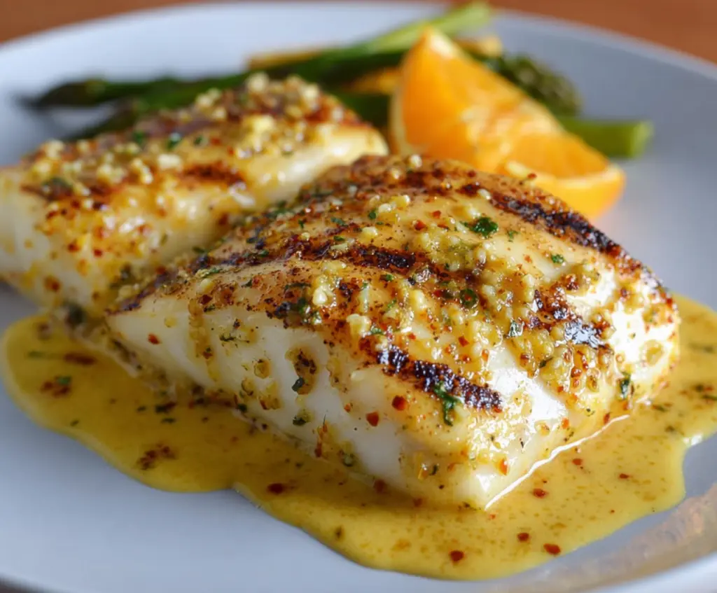 Freshly grilled halibut seasoned with orange and Dijon mustard for a flavorful seafood dish.