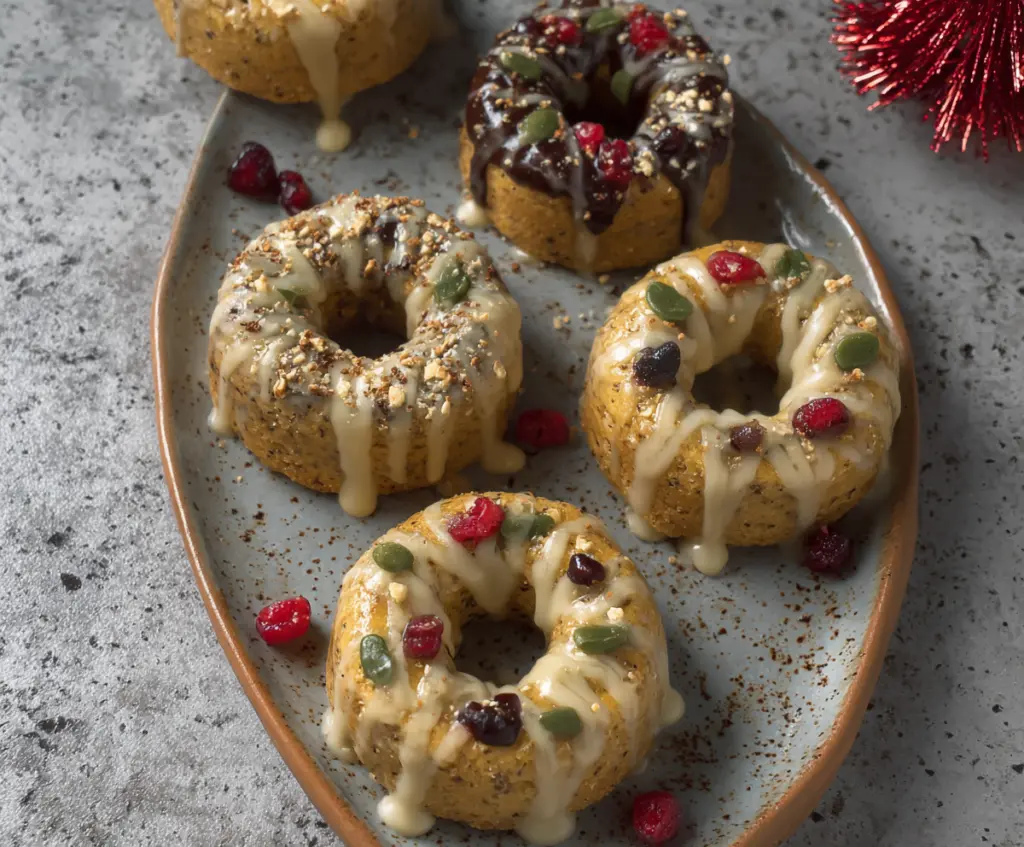 Healthy protein donuts topped with fresh berries and nuts, perfect for a nutritious snack.