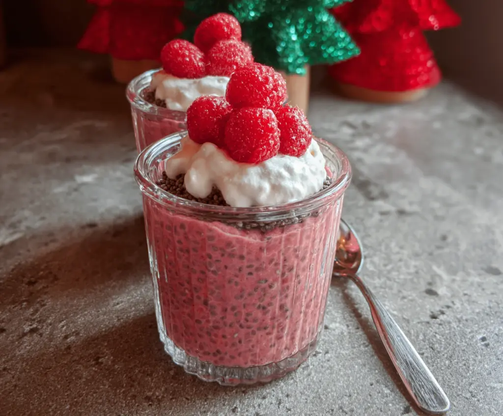 Delicious Raspberry Chia Seed Pudding in a glass bowl with fresh raspberries on top