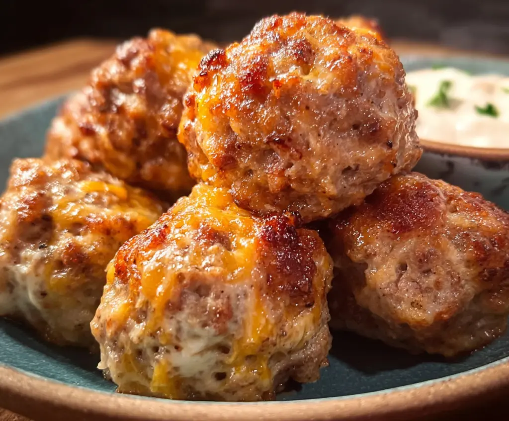 Delicious sausage balls with melted cream cheese, perfect for appetizers or snacks.
