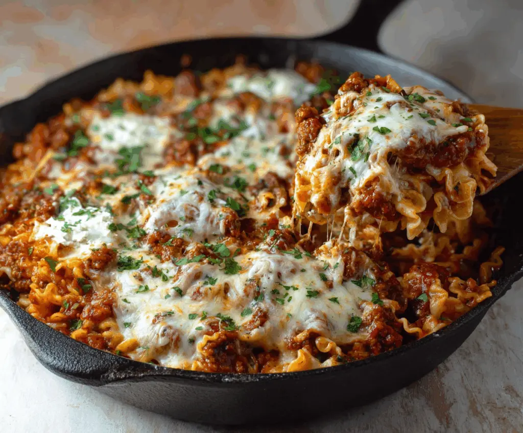 Delicious skillet lasagna with melted cheese, rich tomato sauce, and fresh herbs in a hot skillet.