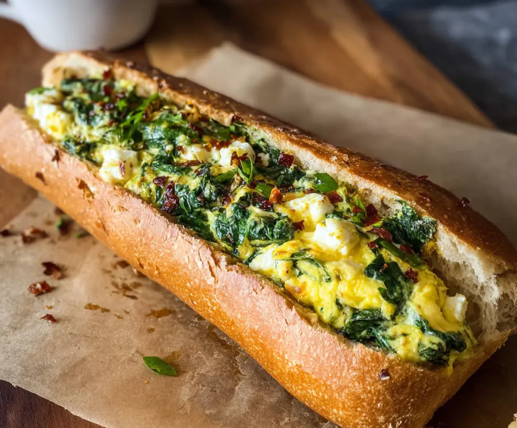 Delicious spinach and feta breakfast baguette sliced and ready to serve
