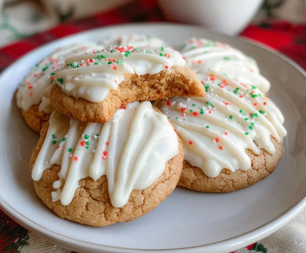 Delicious white chocolate covered eggnog cookies on a festive plate with holiday decorations