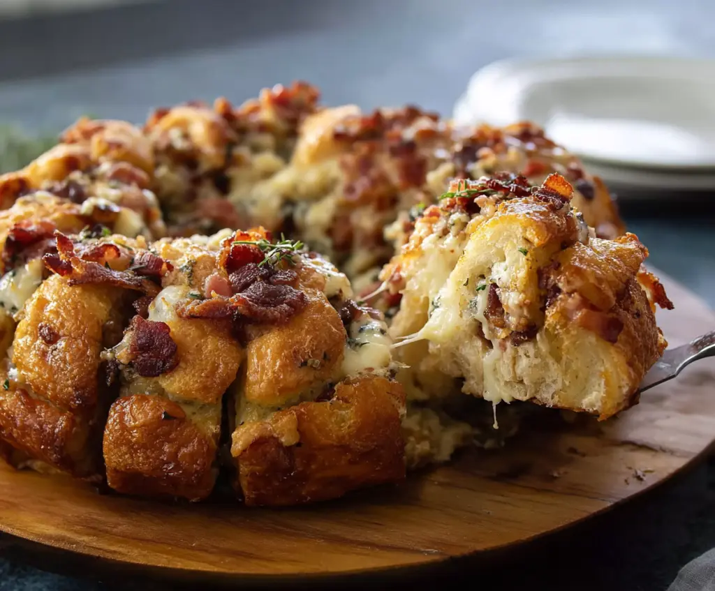 Delicious Bacon Gorgonzola Pull Aparts featuring crispy bacon and creamy blue cheese layered in soft bread.